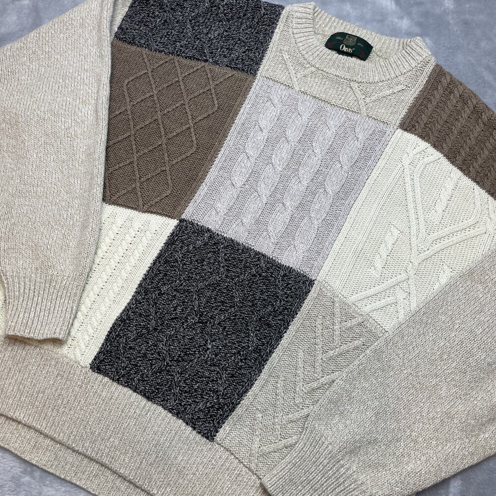 Vintage Orvis Mens Grandpa Sweater L Neutral Tones 100% Cotton Cable Knit Preppy
